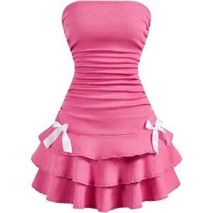 Womens Strapless Denim Pink Mini Dress Band Ruffle Line Bow Layered Summer Dress